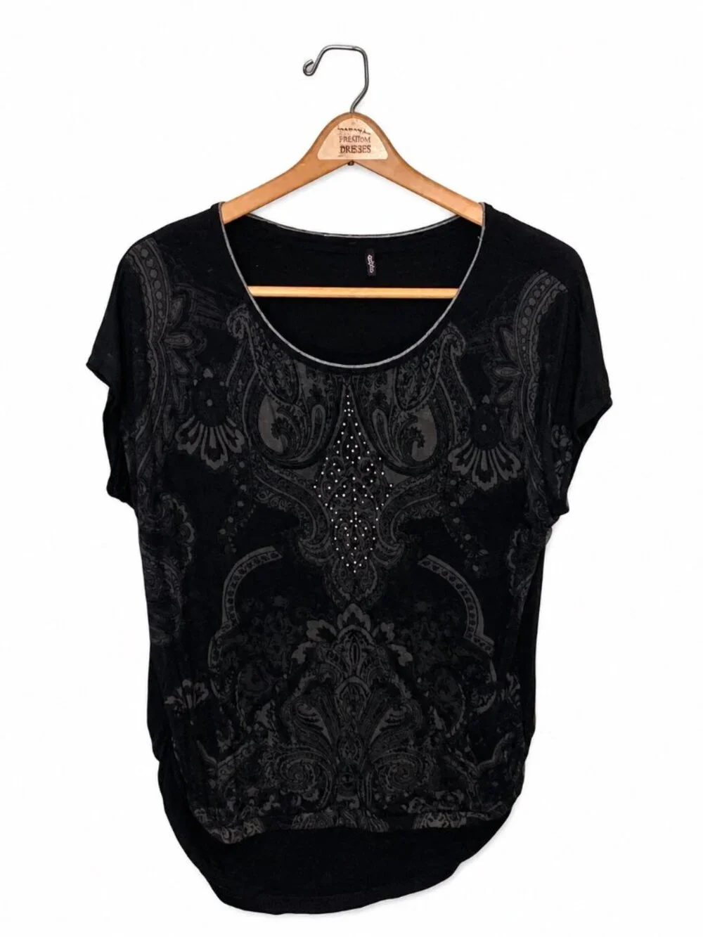 Edyta Womens Black Short-Sleeve Patterned Blouse With Studs L - Picture 1 of 4